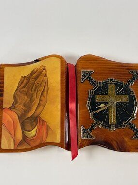 Wood Praying Hands Religious Decor Wall Clock with Gold Cross Damaged Clock
